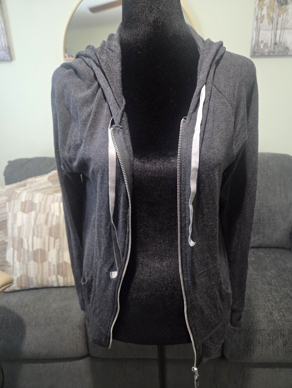Victoria's Secret Dark Gray Full-Zip Hoodie with White Drawstrings